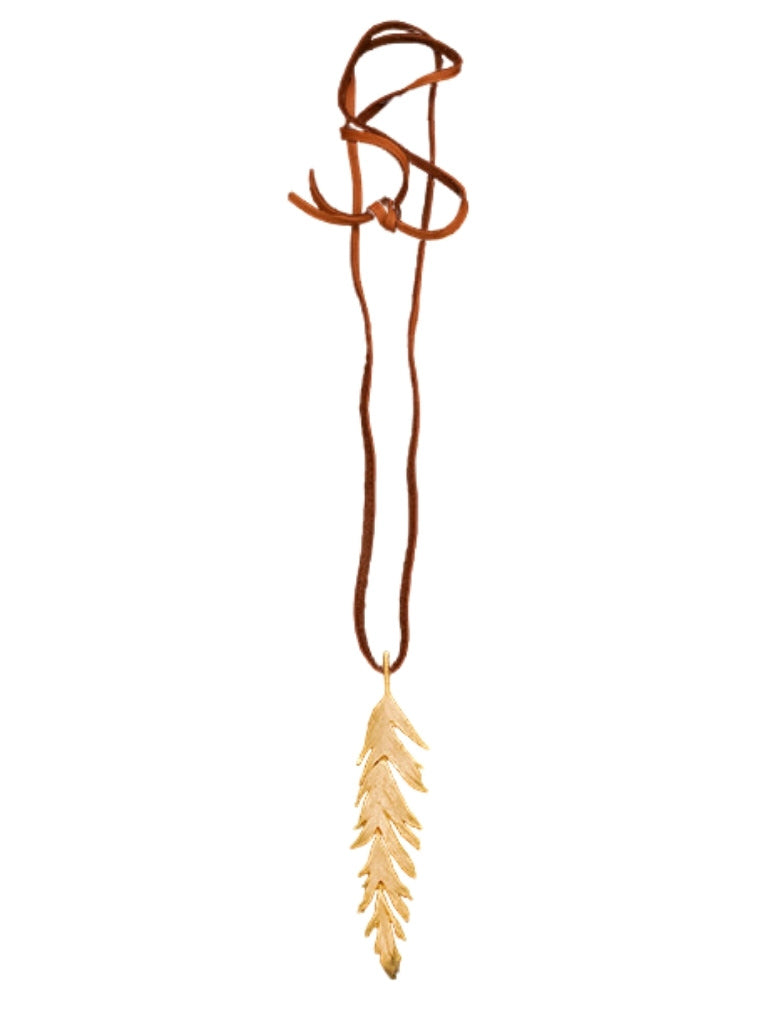 GOLD FEATHER PENDANT ON LEATHER CORD