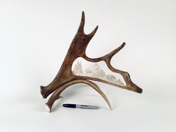 RELAXING WOLF STANDING CARVED MOOSE ANTLER