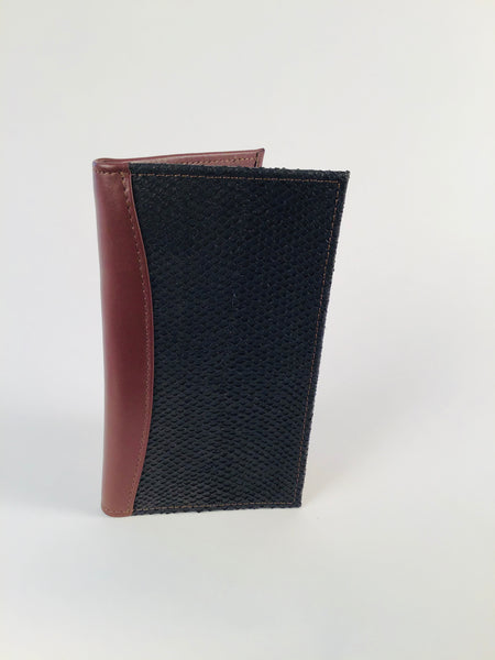 BROWN CHECKBOOK WALLET WITH ZIPPERED POCKET