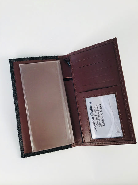 BROWN CHECKBOOK WALLET WITH ZIPPERED POCKET