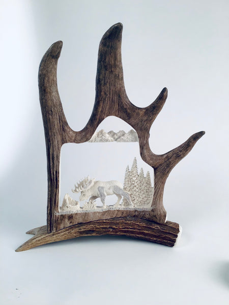 MOOSE CARVED IN ANTLER