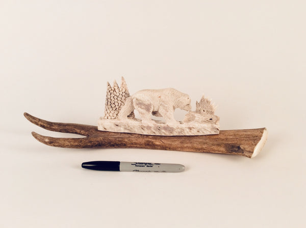 BROWN BEAR STANDING ANTLER CARVING