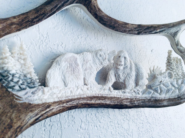 FIGHTING BROWN BEAR HANGING ANTLER CARVING