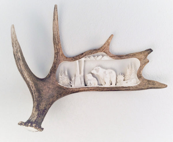 GRIZZLY MOTHER & CUB HANGING ANTLER CARVING