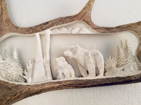 GRIZZLY MOTHER & CUB HANGING ANTLER CARVING