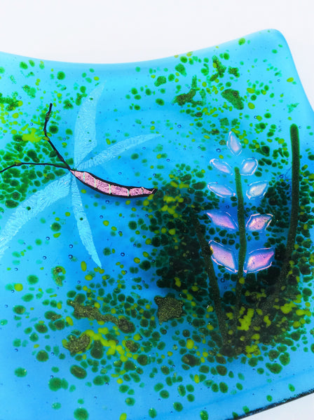 AQUA FIREWEED & DRAGONFLY SQUARE PLATE 6.5" FUSED GLASS