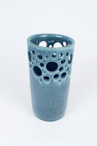 MATTE BLUE PIERCED CYLINDER VASE