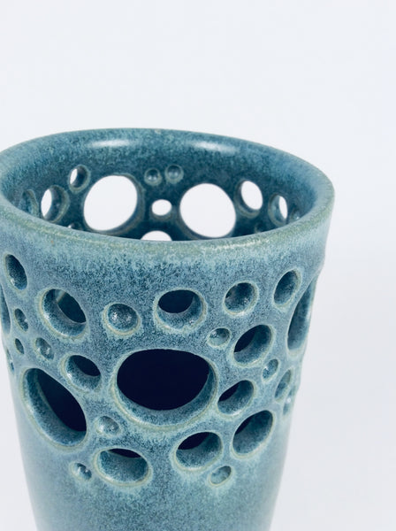 MATTE BLUE PIERCED CYLINDER VASE