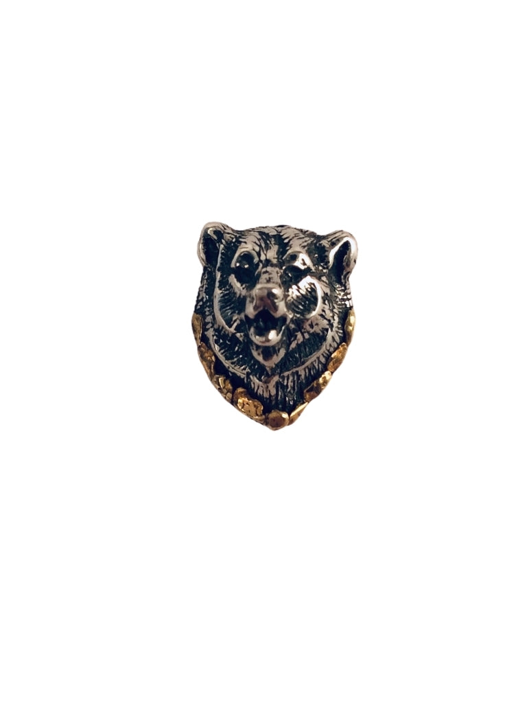 BEAR HEAD SILVER TIE TAC WITH GOLD NUGGETS