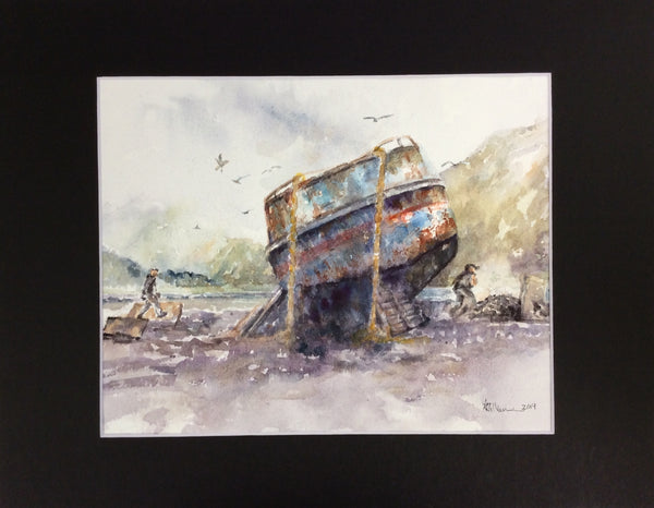 RUSTED SHIP HAUL ORIGINAL WATERCOLOR MATTED 11X14