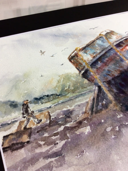 RUSTED SHIP HAUL ORIGINAL WATERCOLOR MATTED 11X14