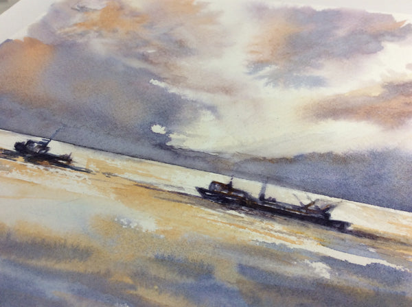 BOATS IN THE CHANNEL ORIGINAL WATERCOLOR 9X12