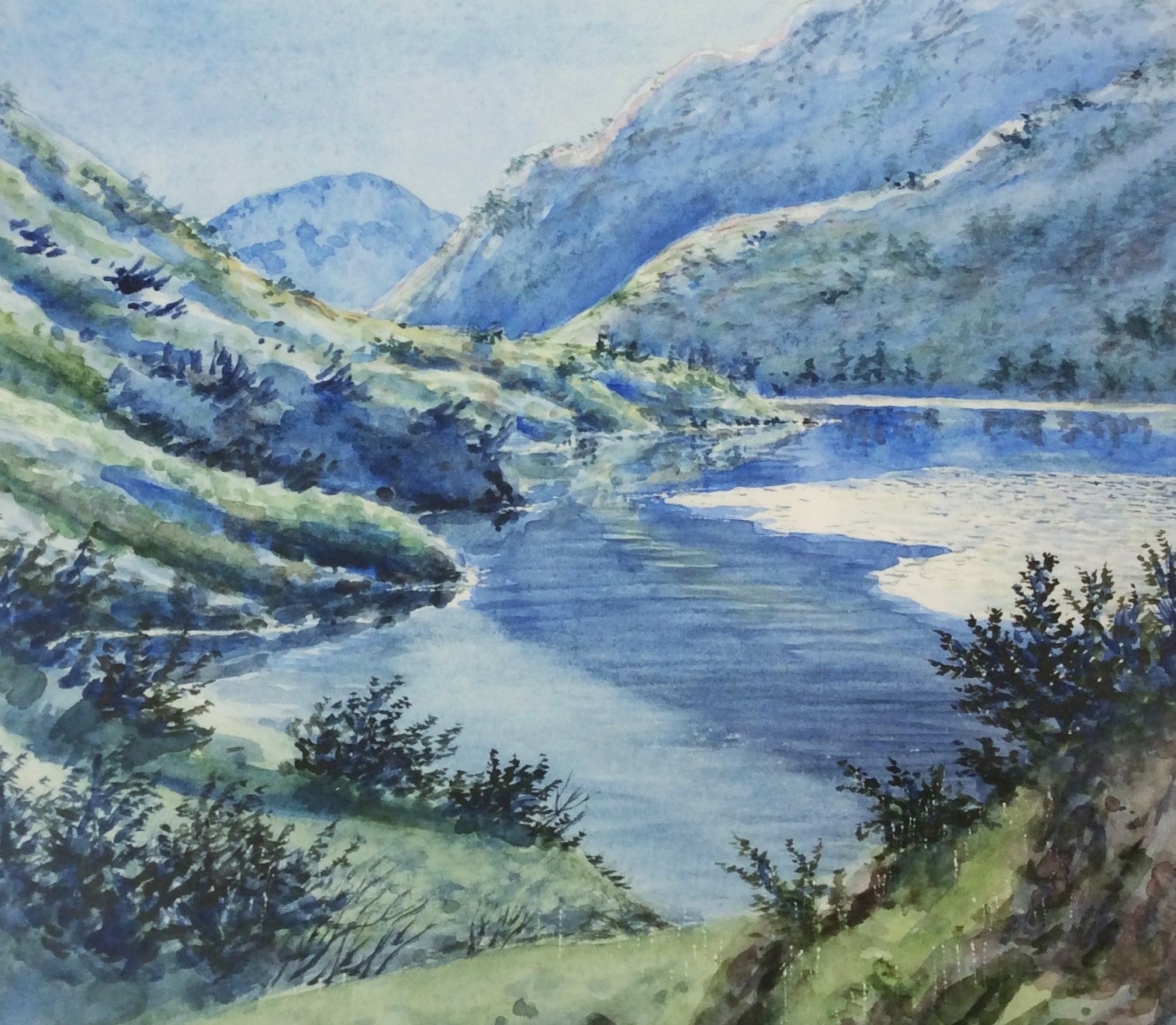 LAKE AND ICE IN SUN ORIGINAL WATERCOLOR