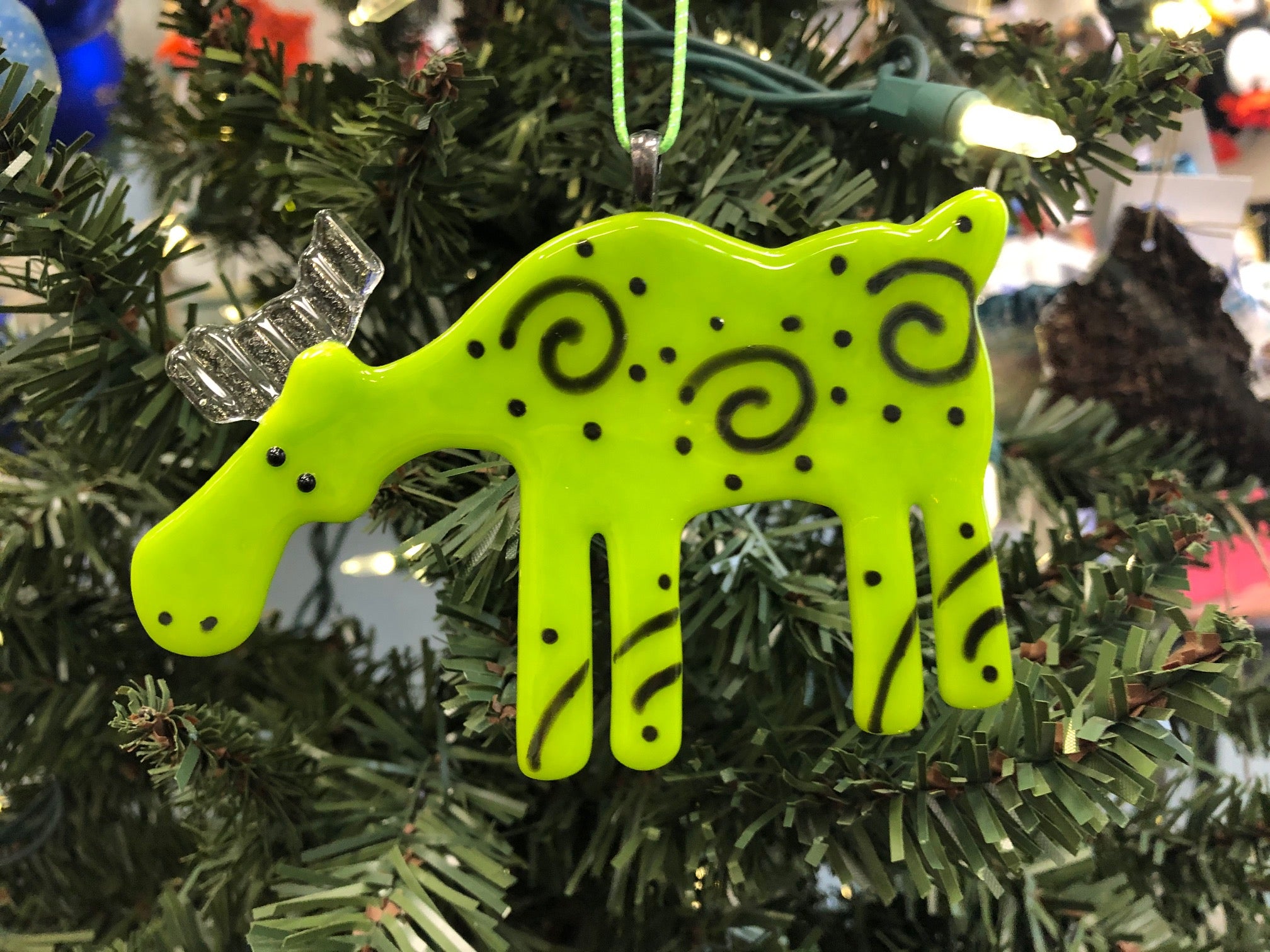 GREEN SPIRAL MOOSE ORNAMENT