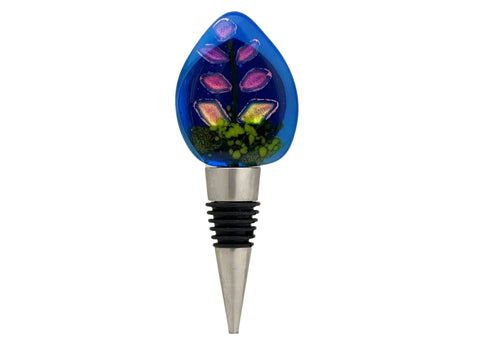 BLUE FUSED GLASS WINE STOPPER FIREWEED DESIGN