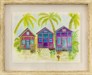BEACH HOUSES AND PALM TREES ORIGINAL FRAMED WATERCOLOR