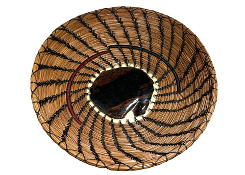 PINE NEEDLE BASKET WITH RUST AND BLACK STONE