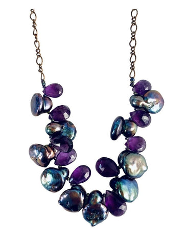 FACETED DARK AMETHYST & PEACOCK PEARLS ON COPPER CHAIN