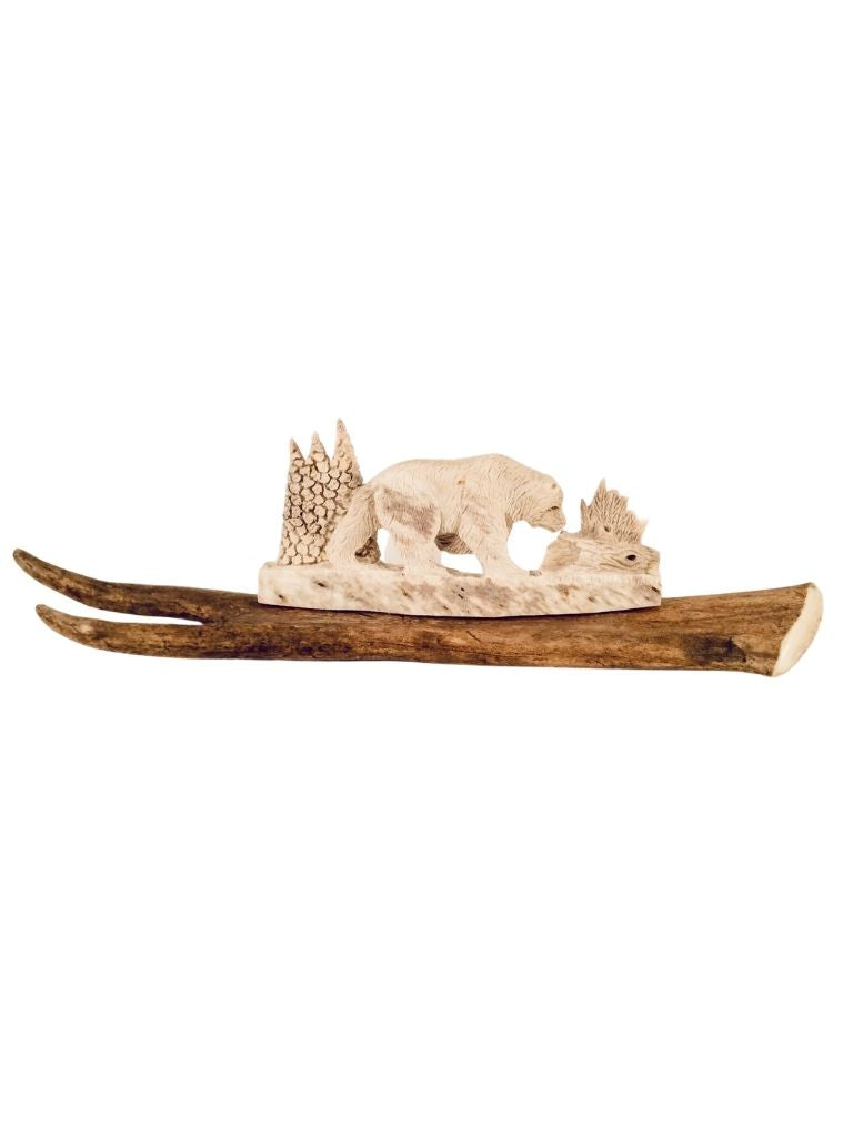 BROWN BEAR STANDING ANTLER CARVING
