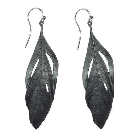 FEATHER CUTOUT GUNMETAL DANGLE EARRINGS