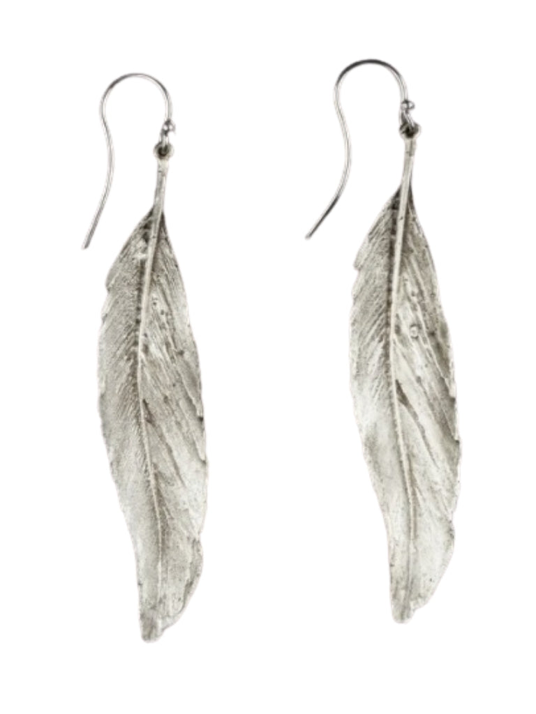 FEATHER SILVER FINISH LINEAR WIRE EARRING