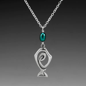HALIBUT PENDANT WITH TEAL FRESHWATER PEARL 18" CHAIN