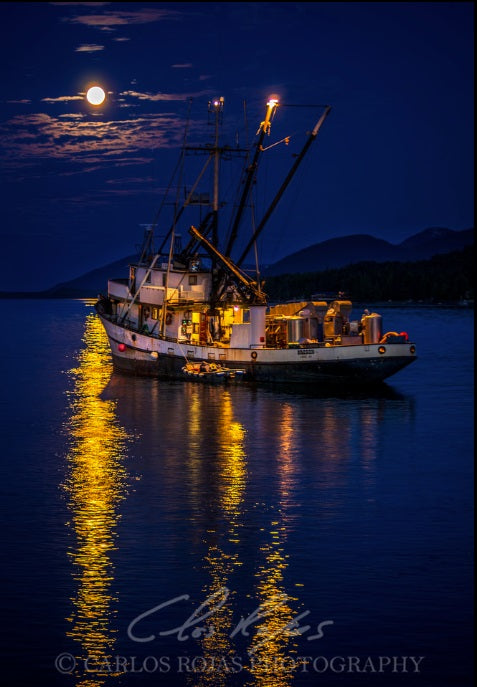 FISHING BOAT UNDER A FULL MOON 8x12