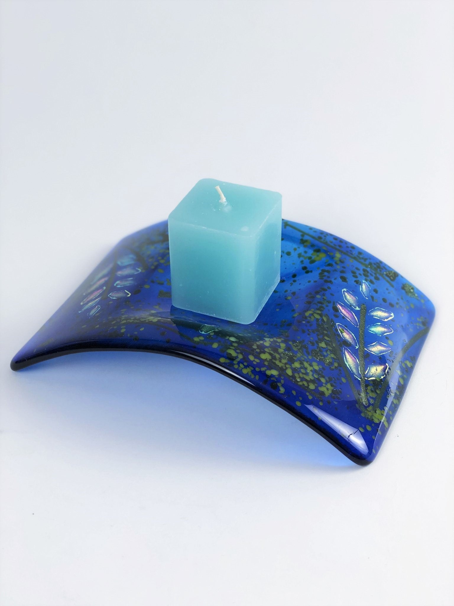 SINGLE CANDLE HOLDER COBALT BLUE FUSED GLASS FIREWEED DESIGN