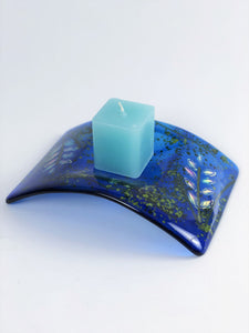 SINGLE CANDLE HOLDER COBALT BLUE FUSED GLASS FIREWEED DESIGN