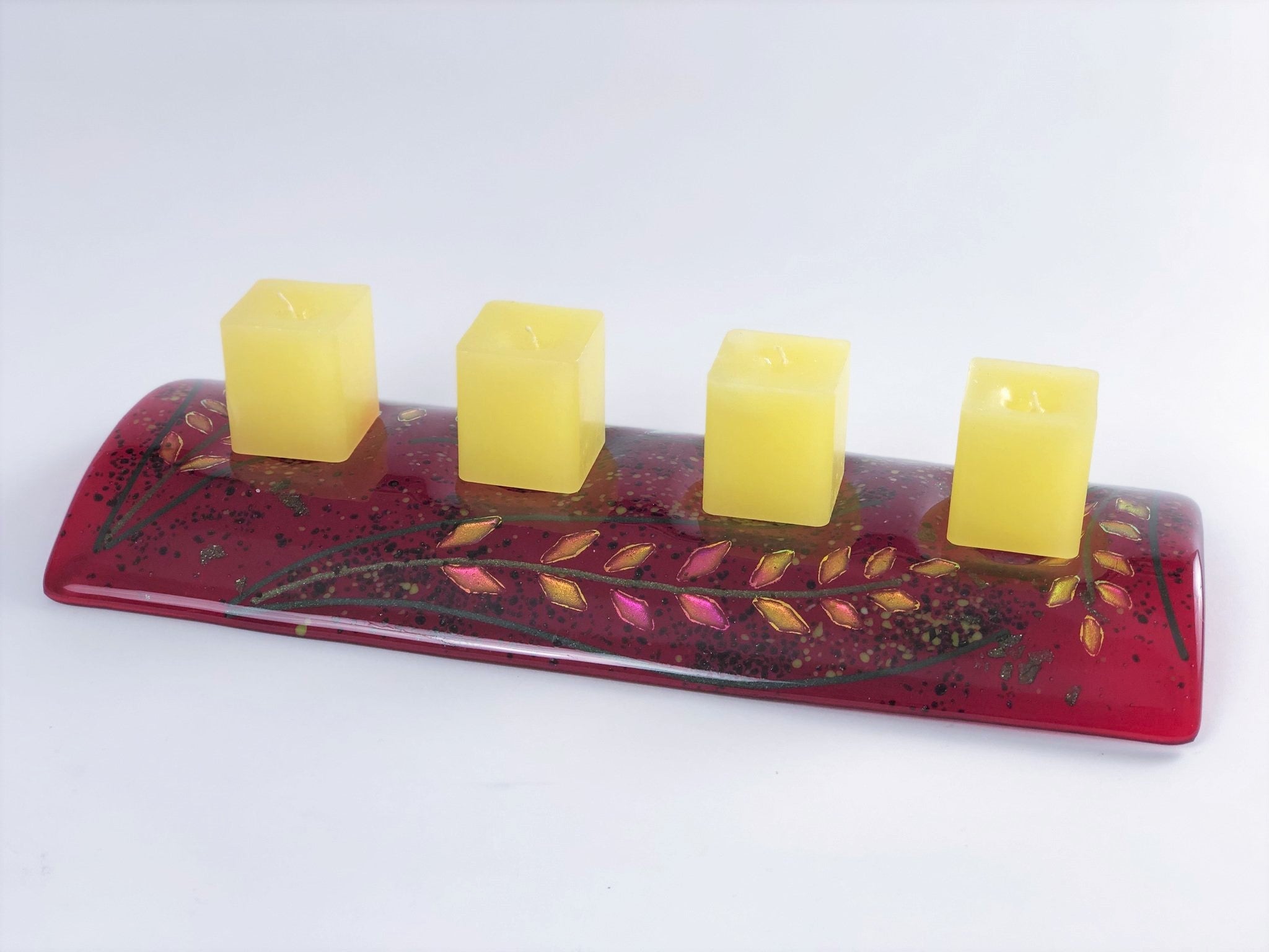FOUR PLACE CANDLE HOLDER FUSED GLASS RED FIREWEED DESIGN