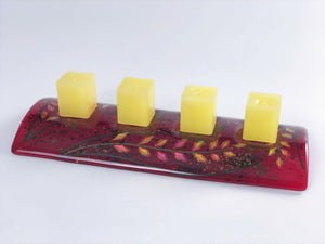 FOUR PLACE CANDLE HOLDER FUSED GLASS RED FIREWEED DESIGN