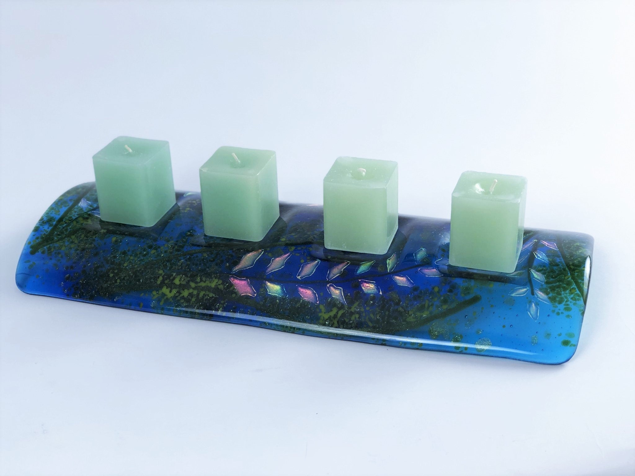 FOUR PLACE CANDLE HOLDER COBALT BLUE FUSED GLASS FIREWEED DESIGN