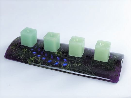 FOUR PLACE CANDLE HOLDER PURPLE FUSED GLASS FIREWEED DESIGN