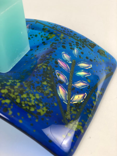 SINGLE CANDLE HOLDER COBALT BLUE FUSED GLASS FIREWEED DESIGN