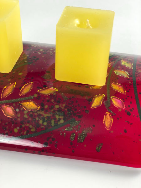 FOUR PLACE CANDLE HOLDER FUSED GLASS RED FIREWEED DESIGN