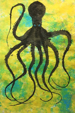 OCTOPUS ON BLUE GREEN & YELLOW ORIGINAL GYOTAKU