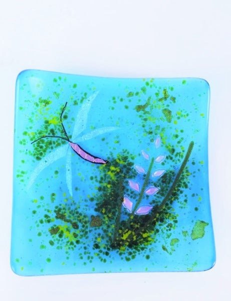 AQUA FIREWEED & DRAGONFLY SQUARE PLATE 6.5" FUSED GLASS