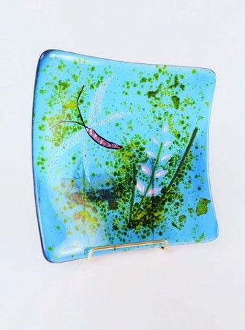 AQUA FIREWEED & DRAGONFLY SQUARE PLATE 6.5" FUSED GLASS