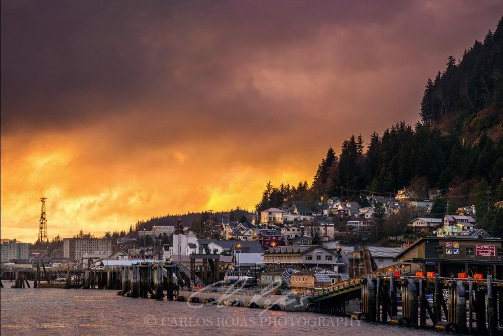 SUNSET LIGHT OVER KETCHIKAN 18x12 PHOTO ON METAL