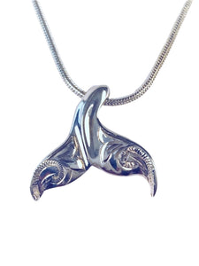 STERLING WHALE TAIL NECKLACE ENGRAVED WITH TOTEMIC DESIGN